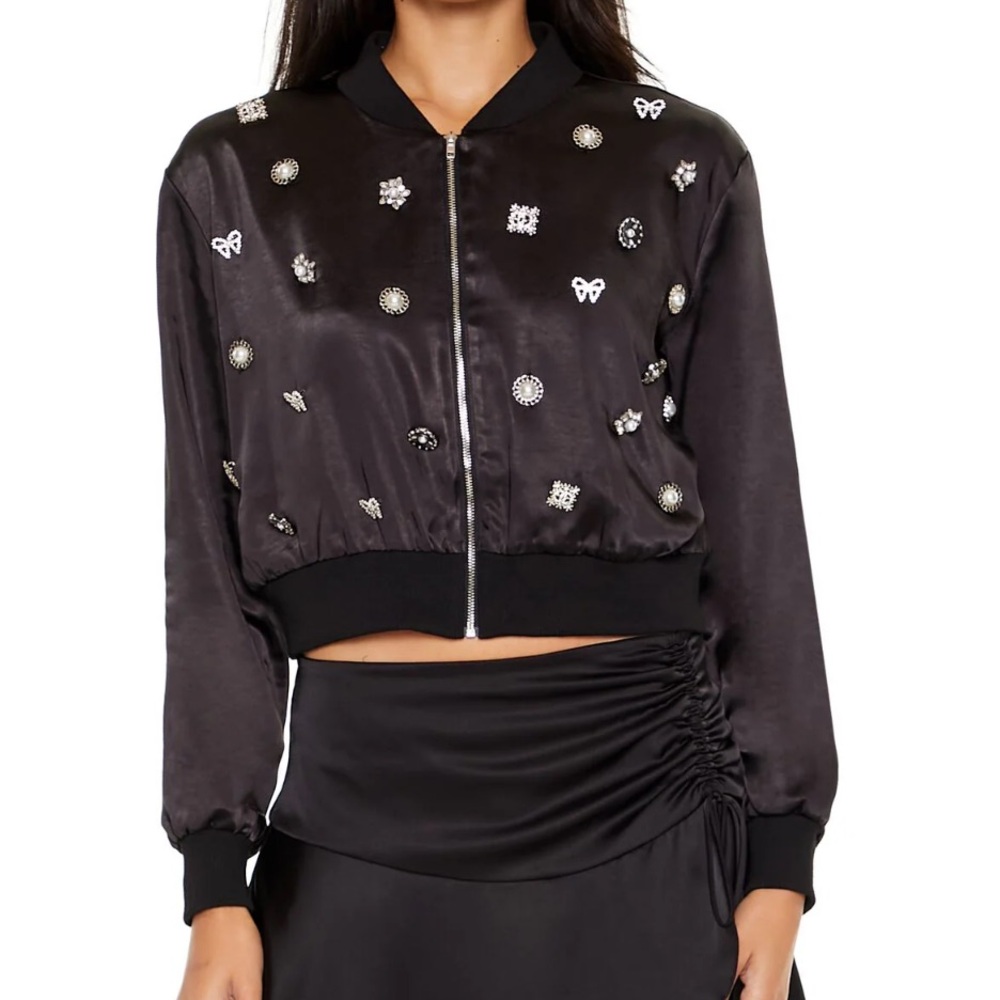 Forever 21 Embellished Black Bomber Jacket size L